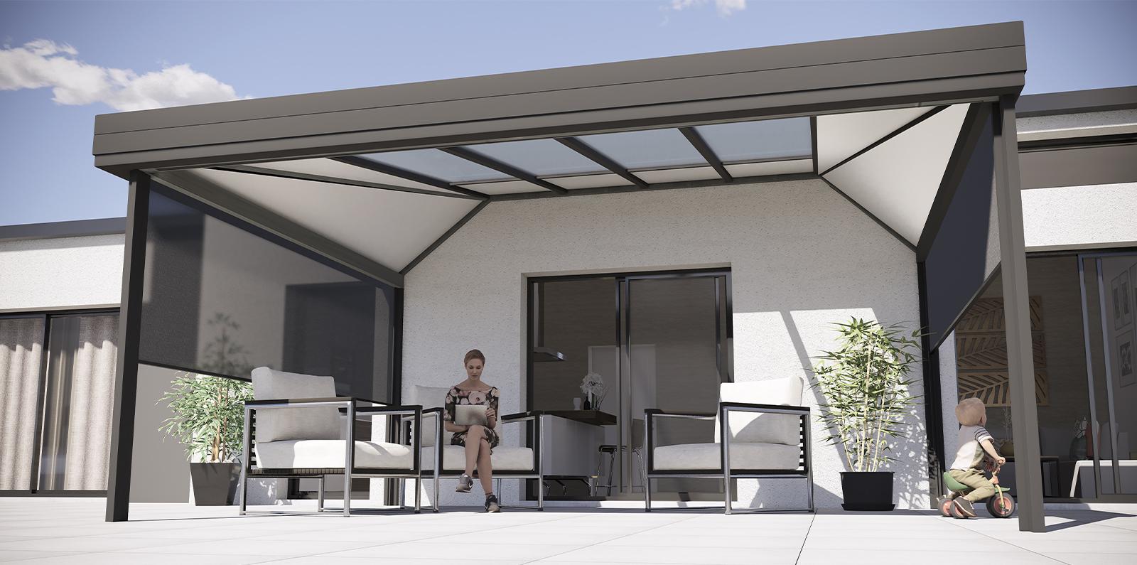 Pergola avec stores latéraux et store de toit en aluminium - Rénoval Véranda